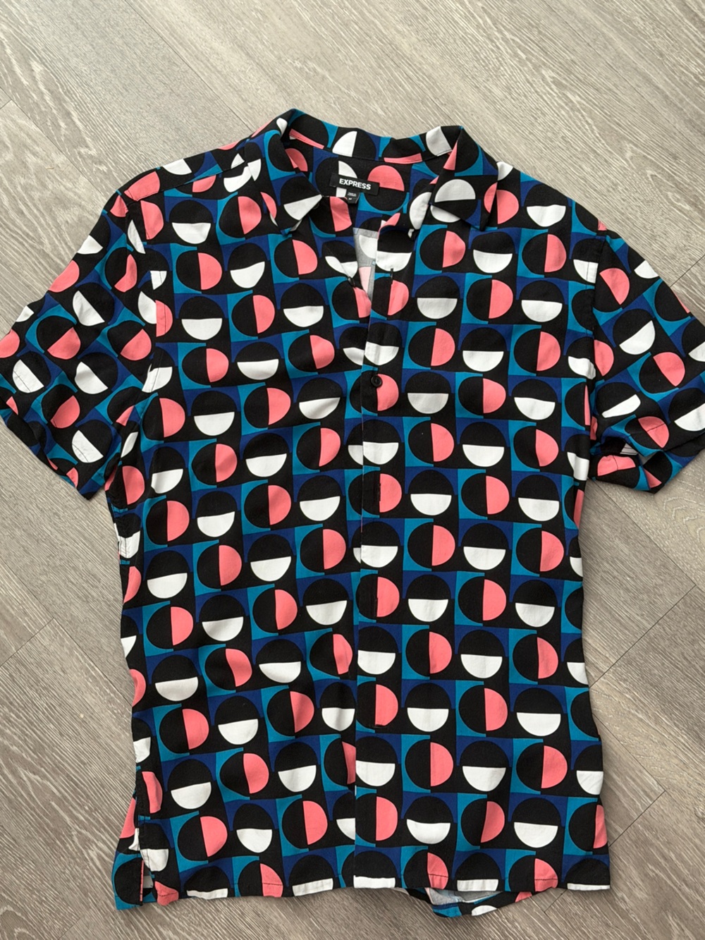 Express Men’s Black Geometric Button-Down Shirt with Pink & Blue Accents